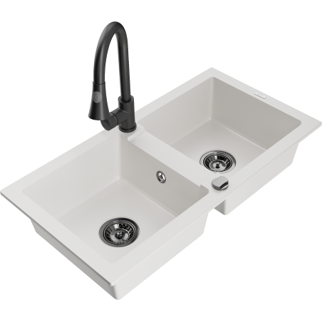 Mexen Mario granite double-bowl sink with Elia kitchen faucet, white - 6504-20-670101-70