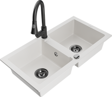 Mexen Mario 2-compartment granite sink with a kitchen mixer tap Elia, White - 6504-20-670101-70