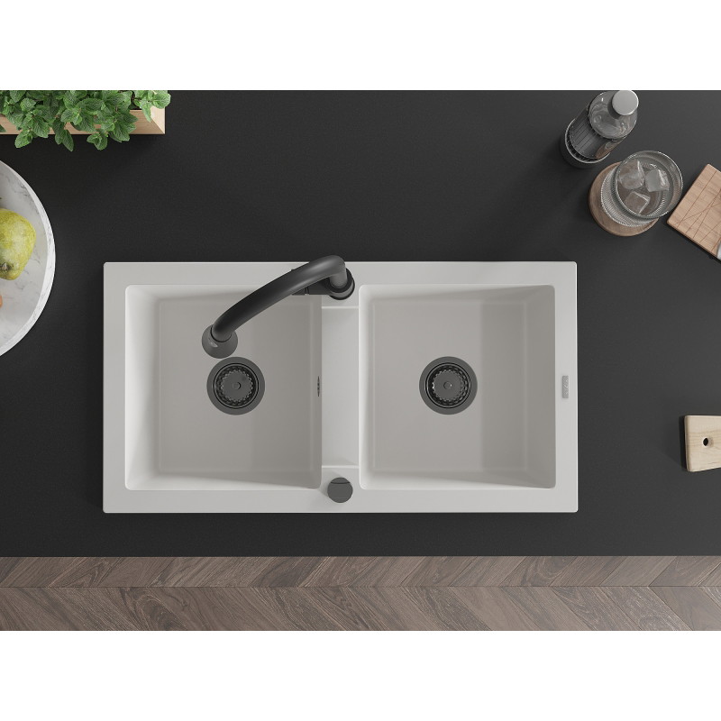 Mexen Mario granite double-bowl sink with Elia kitchen faucet, white - 6504-20-670101-70
