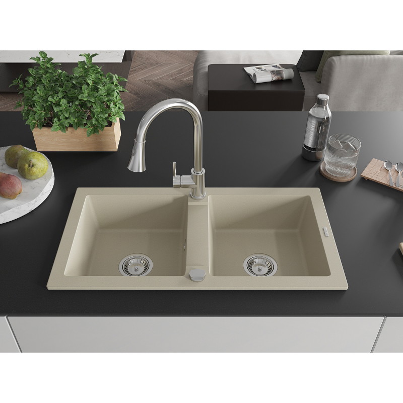 Mexen Mario 2-bowl granite kitchen sink with Elia kitchen faucet, beige - 6504-69-670101-00