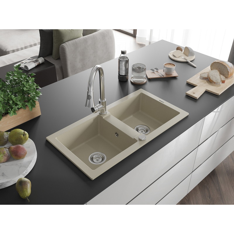 Mexen Mario 2-bowl granite kitchen sink with Elia kitchen faucet, beige - 6504-69-670101-00