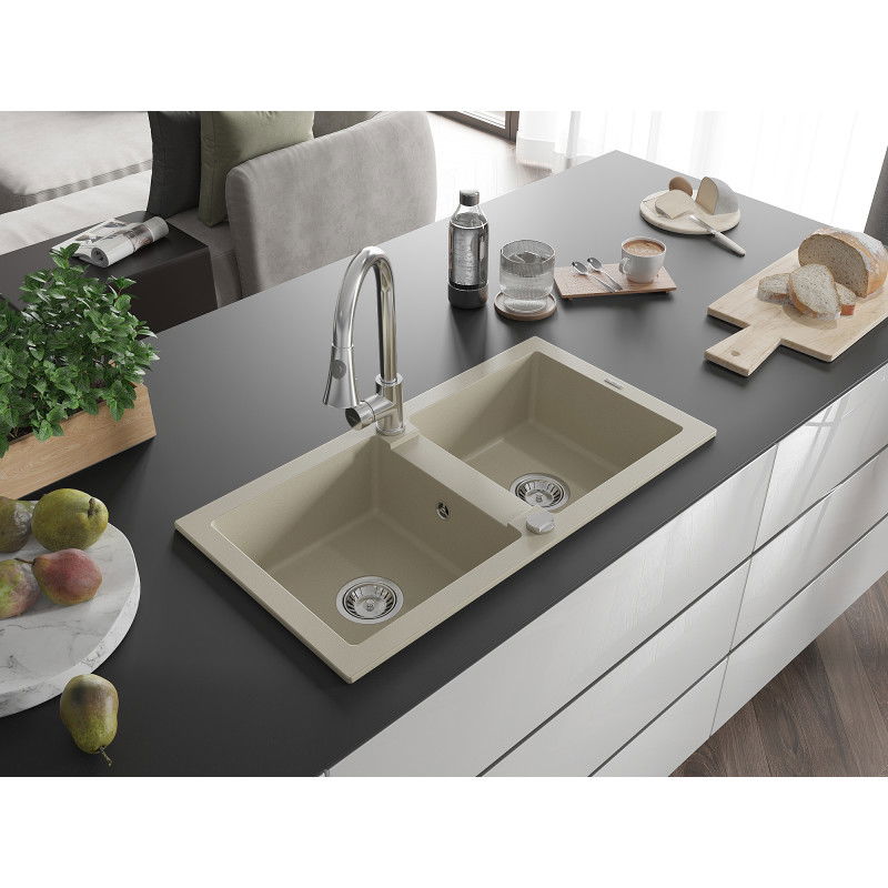 Mexen Mario double-bowl granite sink with Elia kitchen tap, beige - 6504-69-670101-00