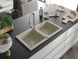 Mexen Mario 2-bowl granite kitchen sink with Elia kitchen faucet, beige - 6504-69-670101-00