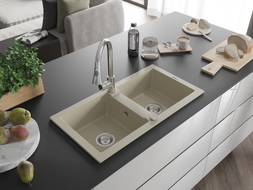 Mexen Mario granite 2-bowl kitchen sink with Elia kitchen faucet, beige - 6504-69-670101-00