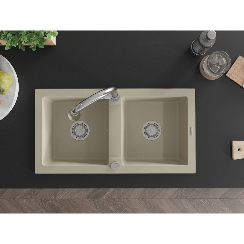 Mexen Mario 2-bowl granite kitchen sink with Elia kitchen faucet, beige - 6504-69-670101-00