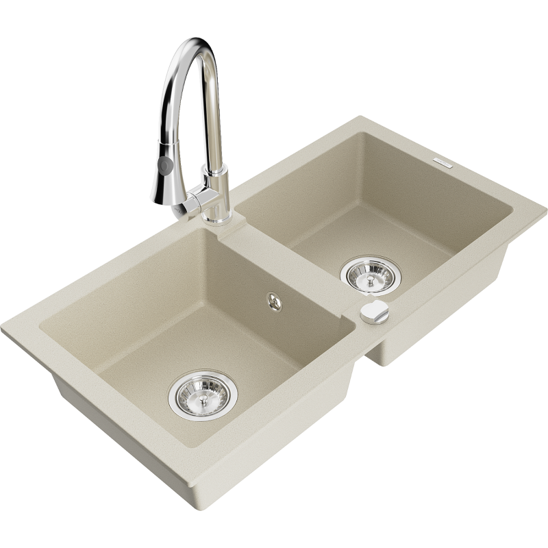 Mexen Mario 2-compartment granite sink with a kitchen mixer tap Elia, Beige - 6504-69-670101-00