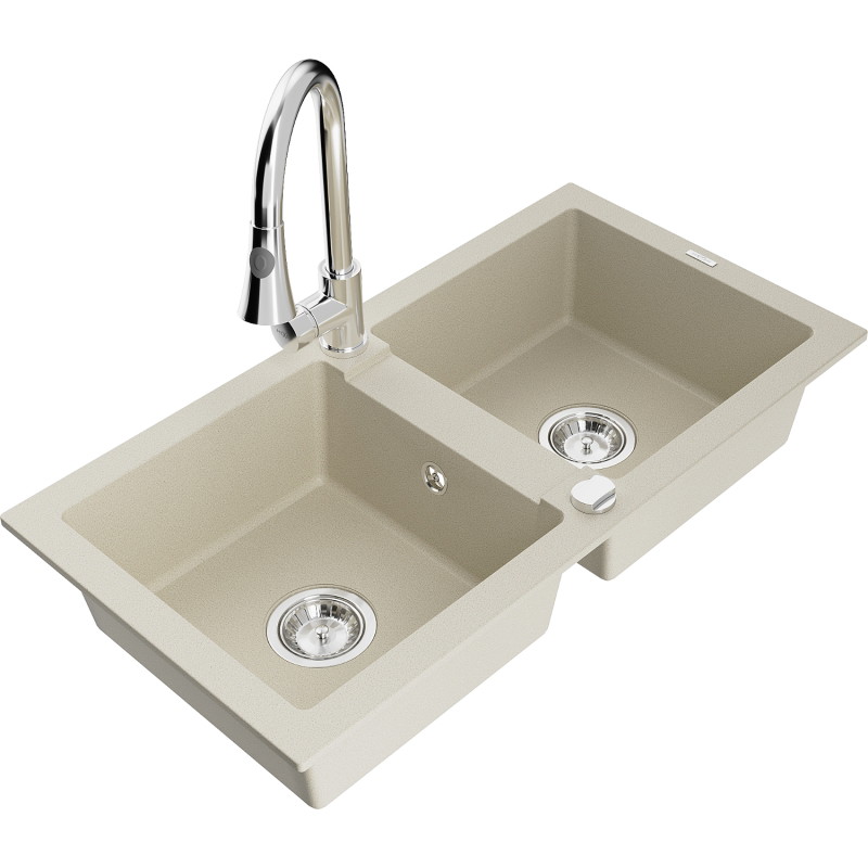 Mexen Mario granite 2-bowl kitchen sink with Elia kitchen faucet, beige - 6504-69-670101-00