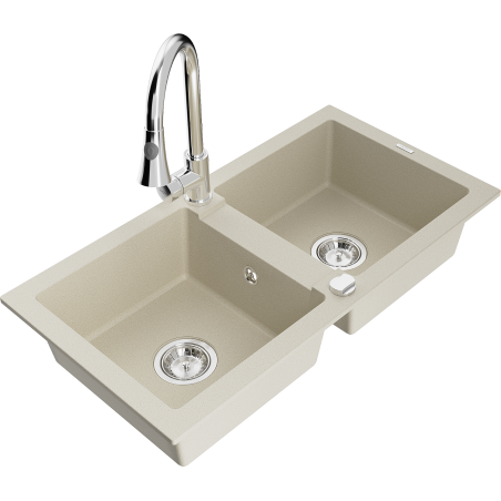 Mexen Mario granite 2-bowl kitchen sink with Elia kitchen faucet, beige - 6504-69-670101-00
