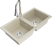 Mexen Mario 2-bowl granite kitchen sink with Elia kitchen faucet, beige - 6504-69-670101-00
