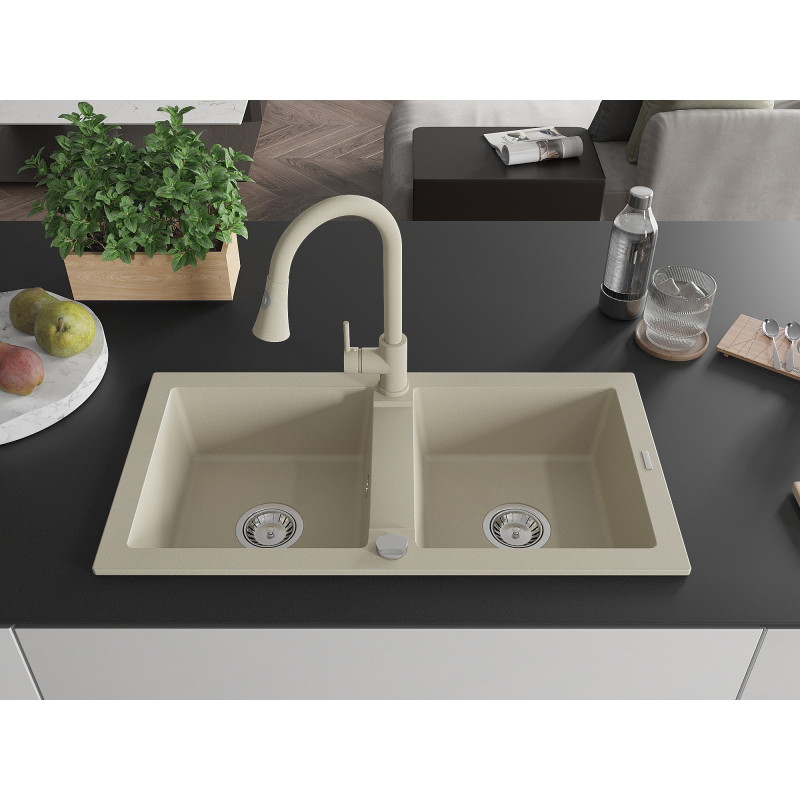 Mexen Mario 2-bowl granite sink with Elia kitchen faucet, beige - 6504-69-670101-69