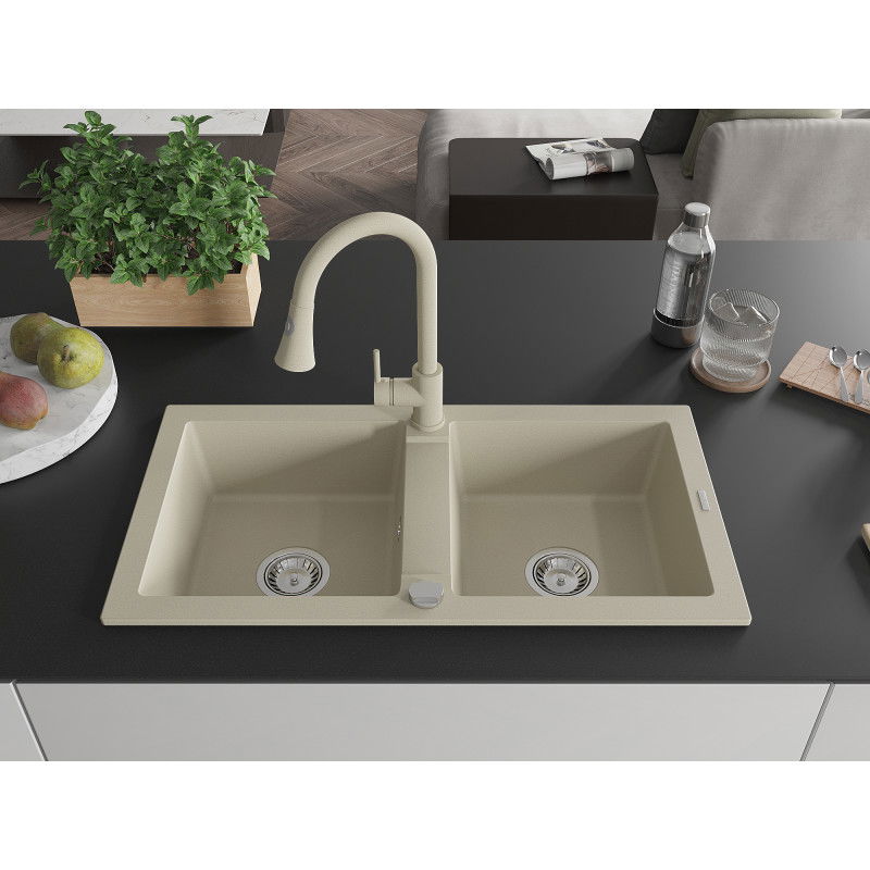 Mexen Mario granite sink 2-bowl with Elia kitchen faucet, beige - 6504-69-670101-69