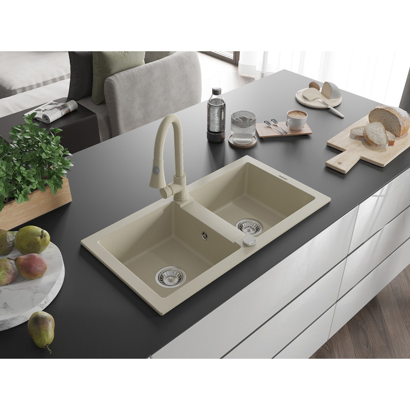 Mexen Mario 2-Bowl Granit Sink with Elia Kitchen Faucet, Beige - 6504-69-670101-69