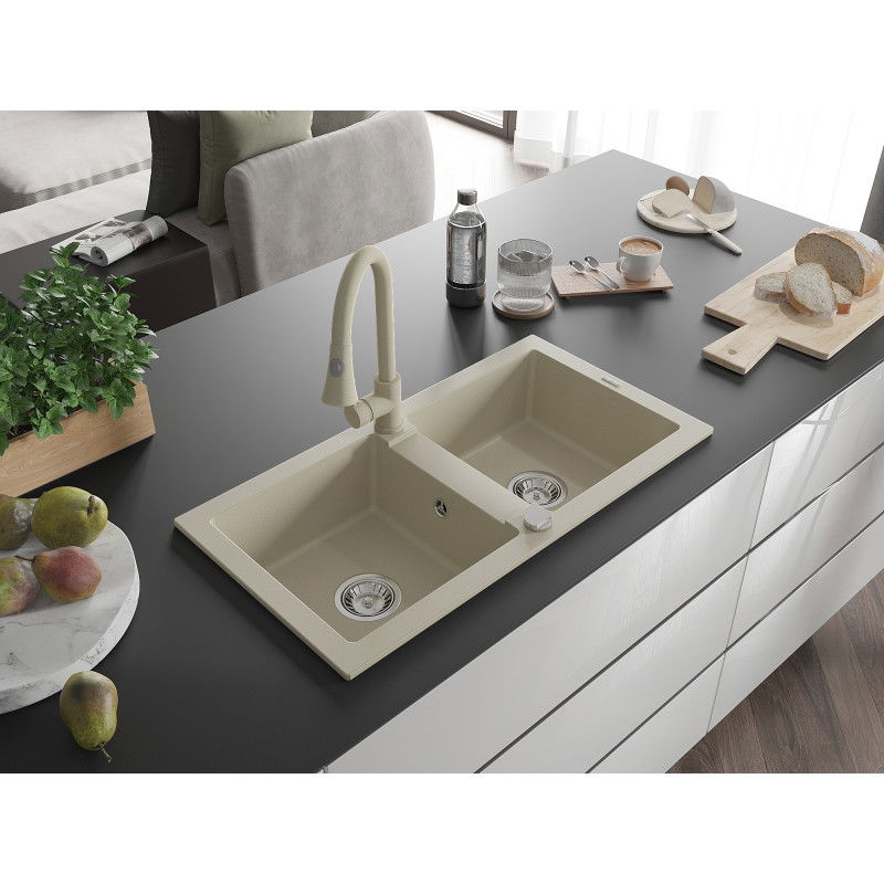 Mexen Mario granite sink 2-bowl with Elia kitchen faucet, beige - 6504-69-670101-69