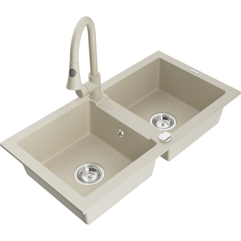 Mexen Mario 2-bowl granite sink with Elia kitchen faucet, beige - 6504-69-670101-69