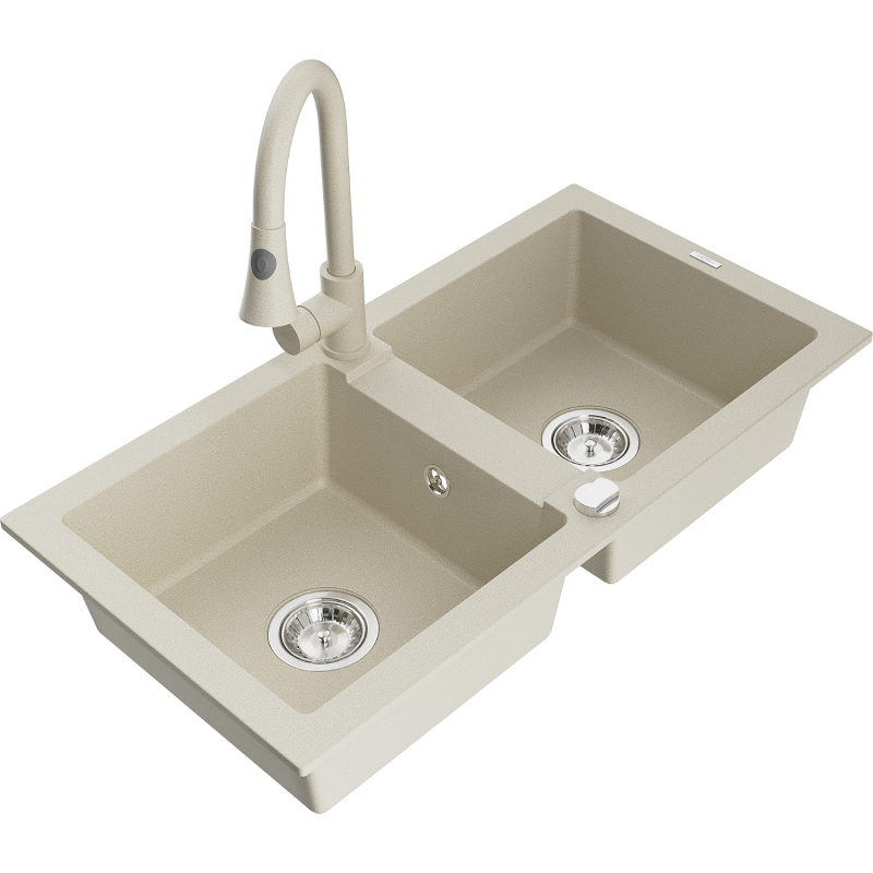 Mexen Mario 2-compartment granite sink with a kitchen mixer tap Elia, Beige - 6504-69-670101-69