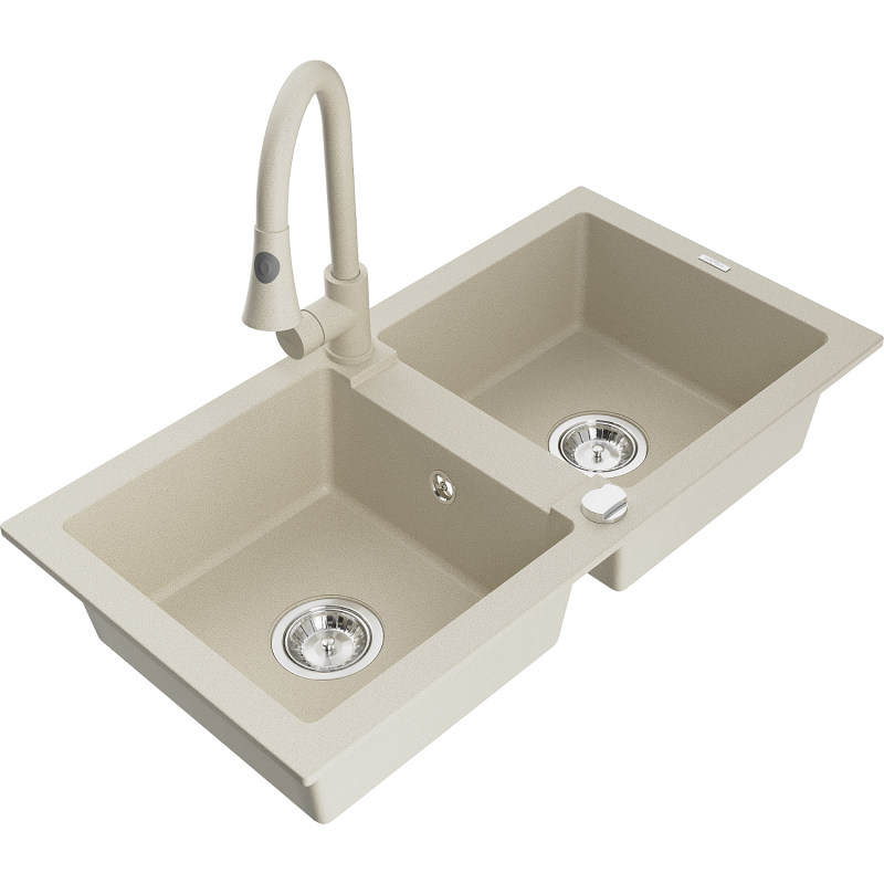 Mexen Mario granite sink 2-bowl with Elia kitchen faucet, beige - 6504-69-670101-69