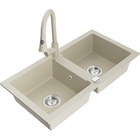 Mexen Mario 2-bowl granite sink with Elia kitchen faucet, beige - 6504-69-670101-69