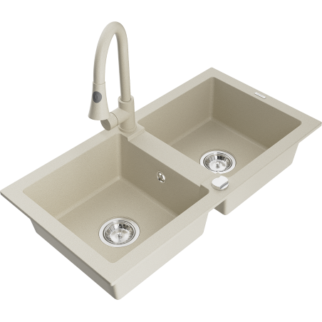 Mexen Mario granite sink 2-bowl with Elia kitchen faucet, beige - 6504-69-670101-69