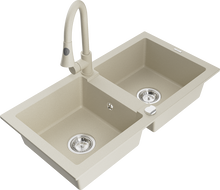 Mexen Mario 2-compartment granite sink with a kitchen mixer tap Elia, Beige - 6504-69-670101-69