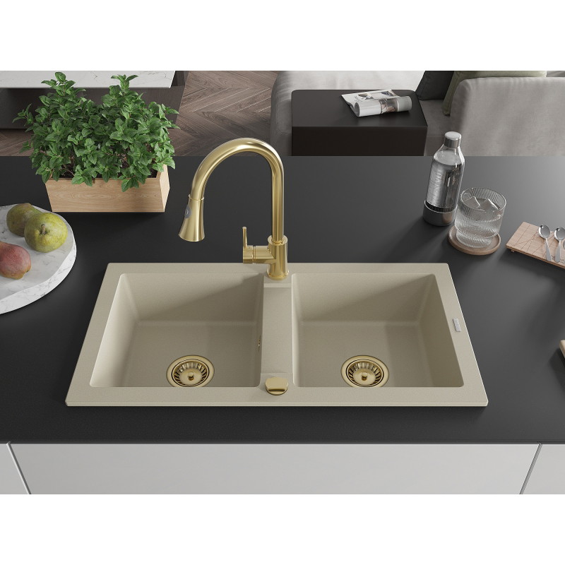 Mexen Mario 2-chamber granite kitchen sink with Elia kitchen faucet, beige - 6504-69-670101-50