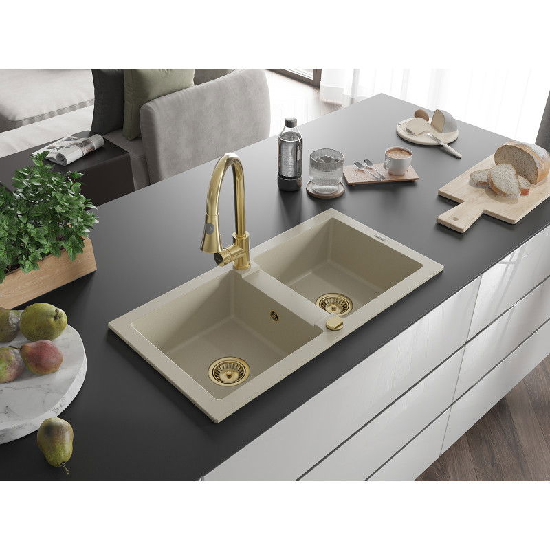 Mexen Mario 2-bowl granite kitchen sink with Elia kitchen tap, beige - 6504-69-670101-50