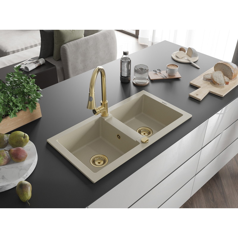 Mexen Mario 2-chamber granite kitchen sink with Elia kitchen faucet, beige - 6504-69-670101-50