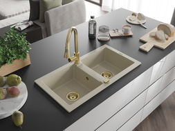 Mexen Mario 2-compartment granite sink with a kitchen mixer tap Elia, Beige - 6504-69-670101-50