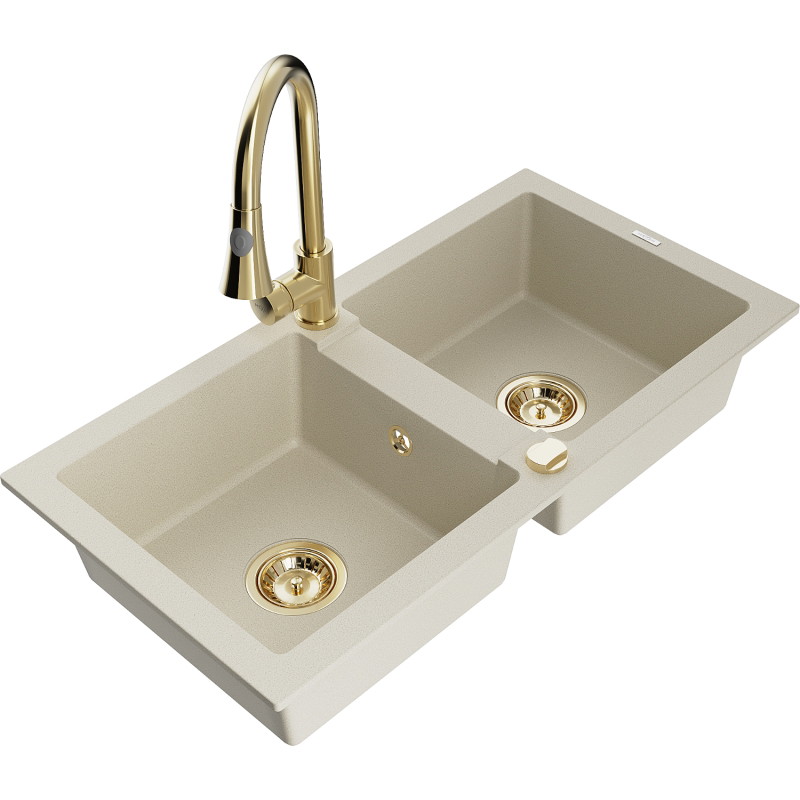 Mexen Mario 2-chamber granite kitchen sink with Elia kitchen faucet, beige - 6504-69-670101-50