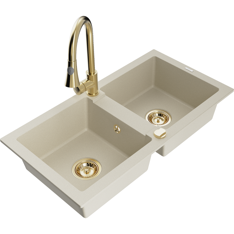 Mexen Mario 2-compartment granite sink with a kitchen mixer tap Elia, Beige - 6504-69-670101-50