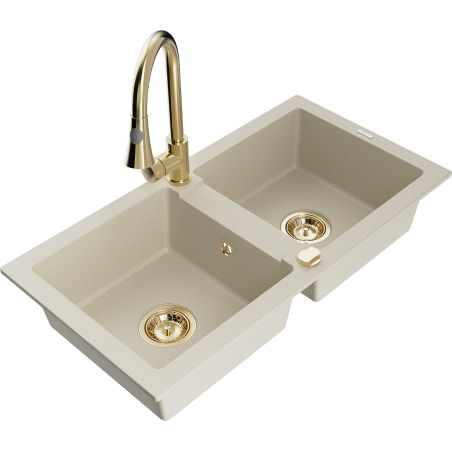 Mexen Mario 2-compartment granite sink with a kitchen mixer tap Elia, Beige - 6504-69-670101-50