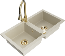 Mexen Mario 2-bowl granite kitchen sink with Elia kitchen tap, beige - 6504-69-670101-50