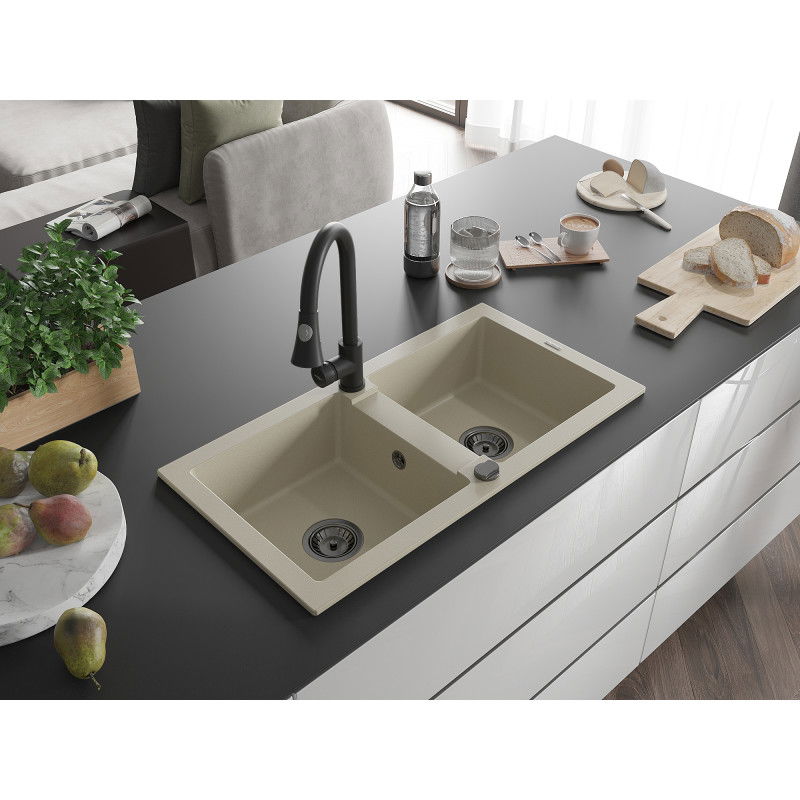 Mexen Mario 2-bowl Granite Sink with Elia Kitchen Tap, Beige - 6504-69-670101-70