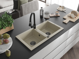 Mexen Mario granite double-bowl kitchen sink with Elia kitchen faucet, beige - 6504-69-670101-70
