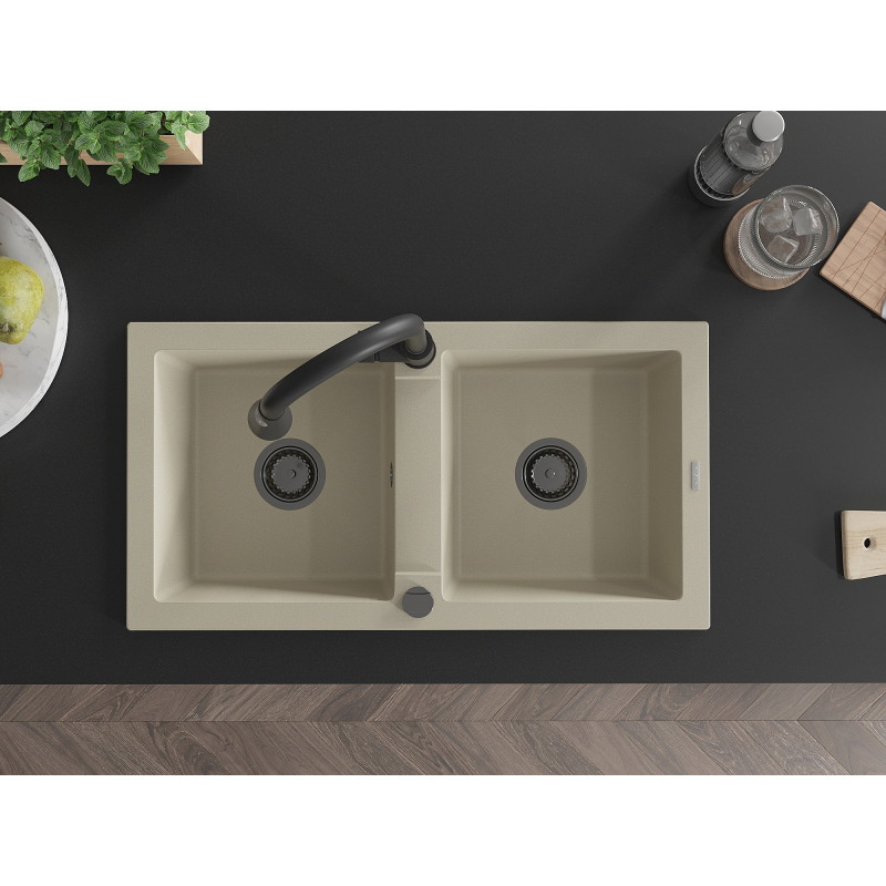 Mexen Mario granite kitchen sink 2-bowl with Elia kitchen faucet, beige - 6504-69-670101-70