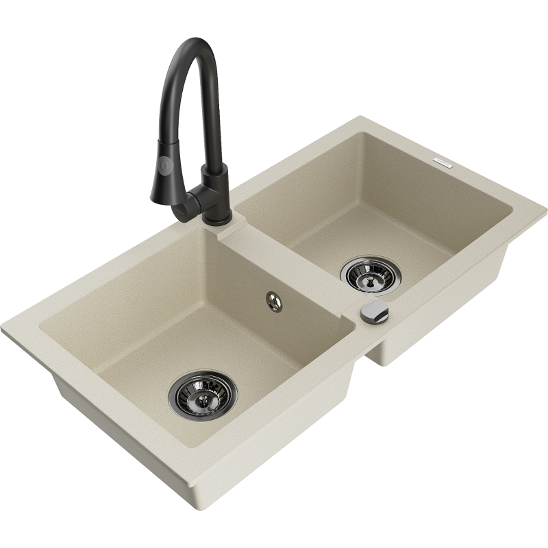 Mexen Mario 2-compartment granite sink with a kitchen mixer tap Elia, Beige - 6504-69-670101-70