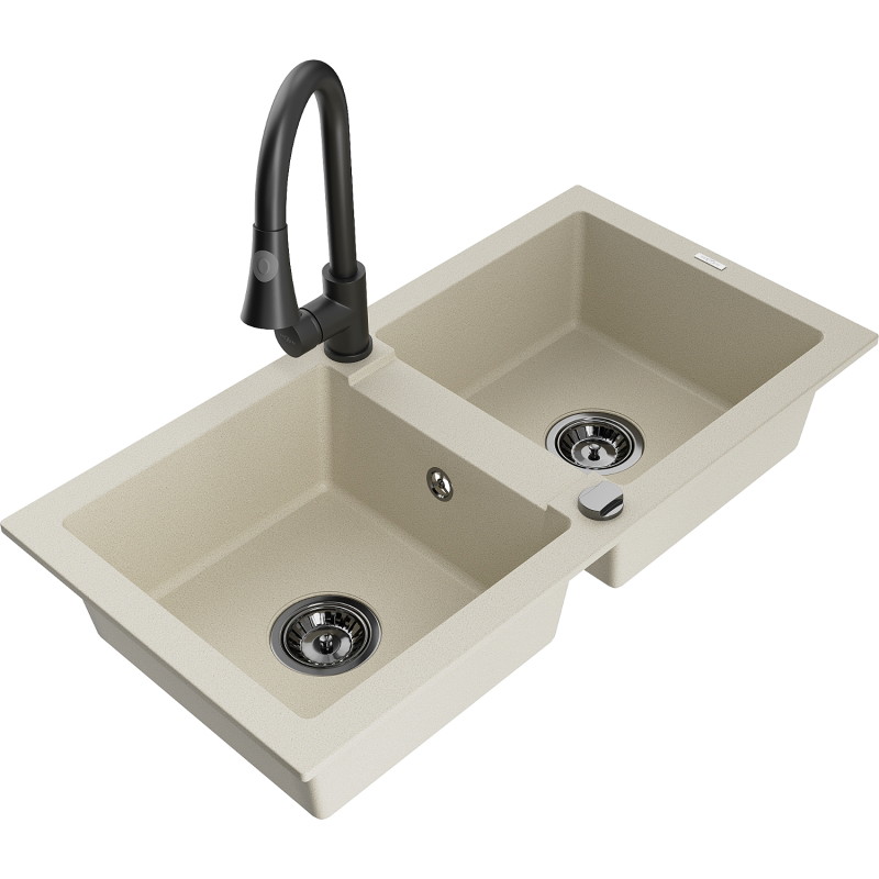 Mexen Mario granite double-bowl kitchen sink with Elia kitchen faucet, beige - 6504-69-670101-70