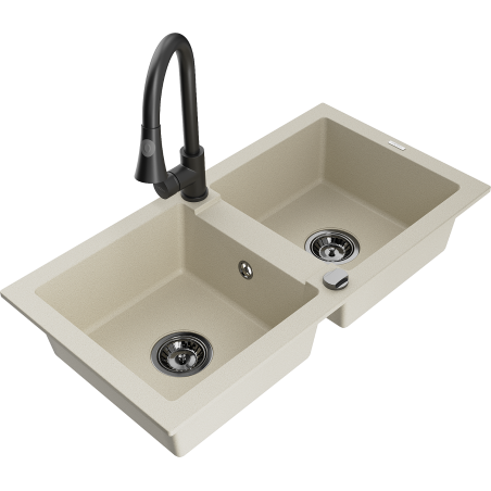 Mexen Mario 2-bowl Granite Sink with Elia Kitchen Tap, Beige - 6504-69-670101-70