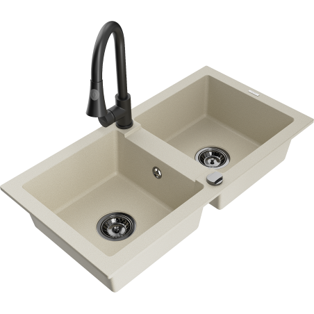 Mexen Mario granite double-bowl kitchen sink with Elia kitchen faucet, beige - 6504-69-670101-70