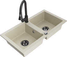 Mexen Mario granite double-bowl kitchen sink with Elia kitchen faucet, beige - 6504-69-670101-70