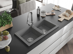 Mexen Mario granite sink 2-bowl with Elia kitchen tap, grey - 6504-71-670101-00