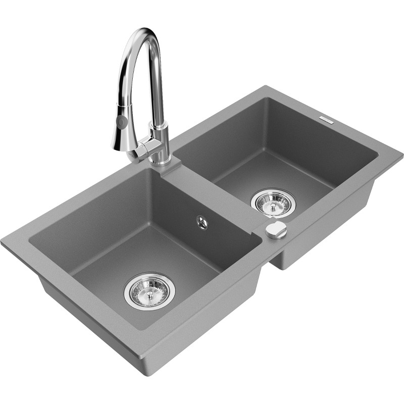 Mexen Mario 2-bowl granite sink with kitchen faucet Elia, gray - 6504-71-670101-00