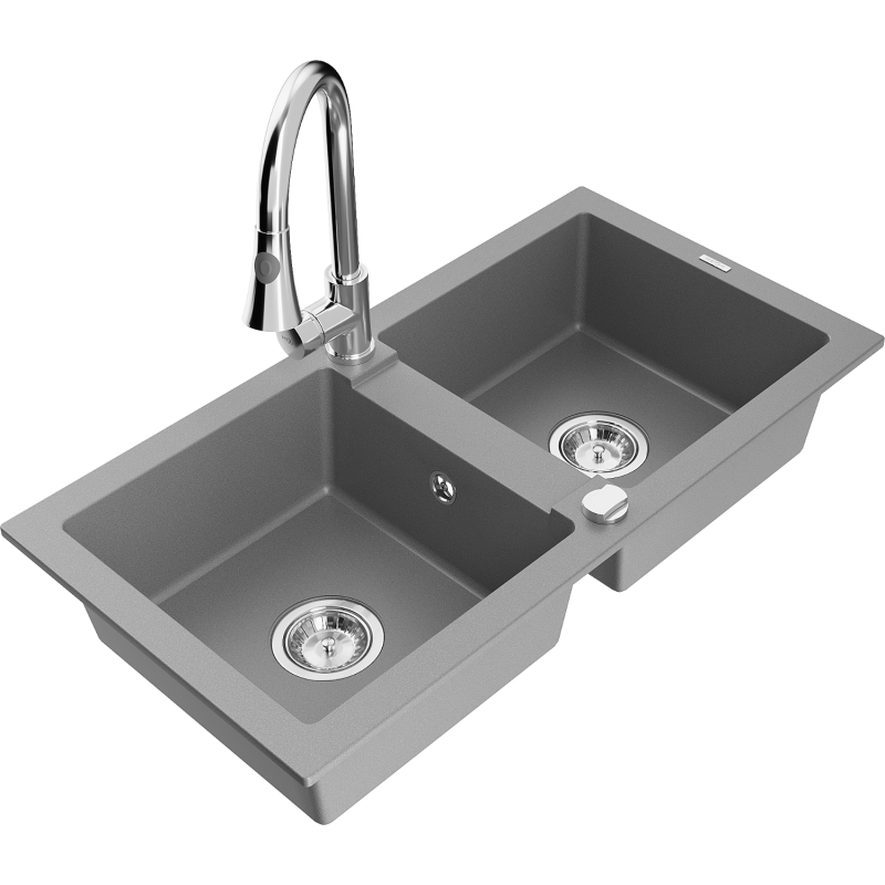 Mexen Mario granite sink 2-bowl with Elia kitchen tap, grey - 6504-71-670101-00