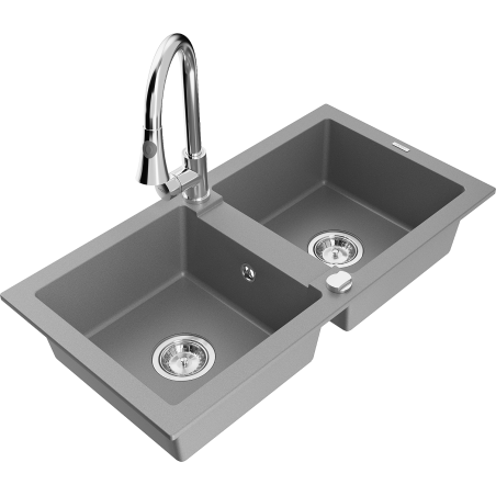 Mexen Mario granite double-bowl sink with Elia kitchen faucet, gray - 6504-71-670101-00
