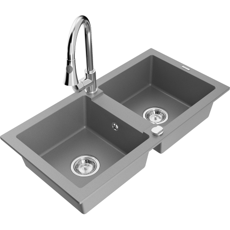 Mexen Mario granite sink 2-bowl with Elia kitchen tap, grey - 6504-71-670101-00
