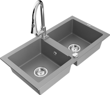 Mexen Mario granite sink 2-bowl with Elia kitchen tap, grey - 6504-71-670101-00