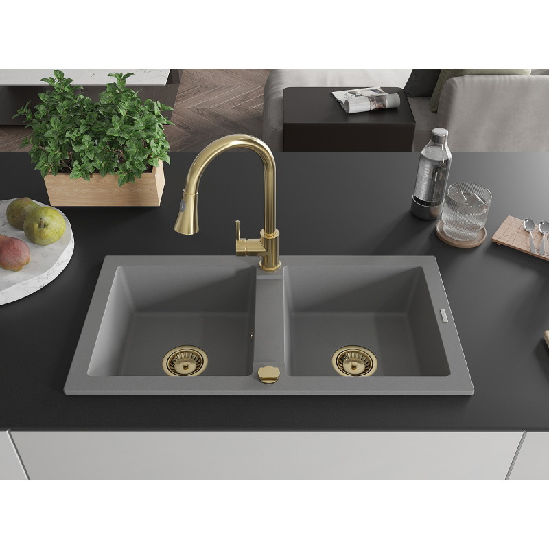 Mexen Mario granite double bowl kitchen sink with Elia faucet, gray - 6504-71-670101-50