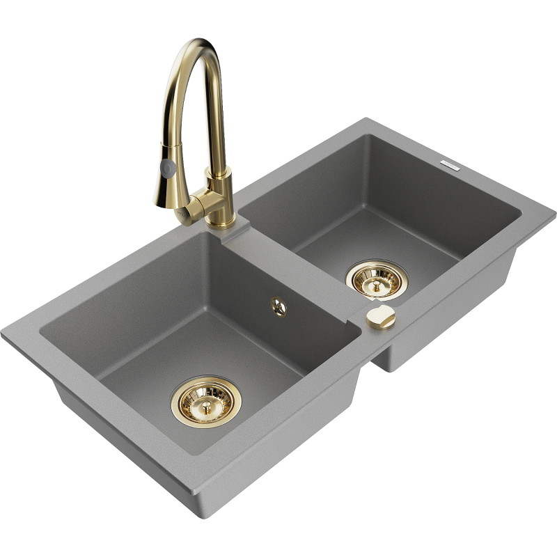 Mexen Mario granite double bowl kitchen sink with Elia faucet, gray - 6504-71-670101-50