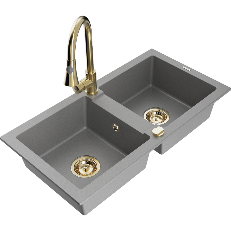 Mexen Mario granite double-bowl sink with Elia kitchen tap, grey - 6504-71-670101-50