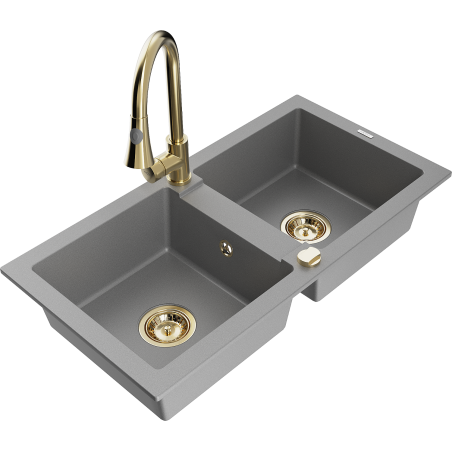 Mexen Mario 2-compartment granite sink with a kitchen mixer tap Elia, Grey - 6504-71-670101-50