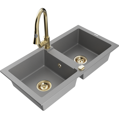 Mexen Mario granite double-bowl sink with Elia kitchen tap, grey - 6504-71-670101-50